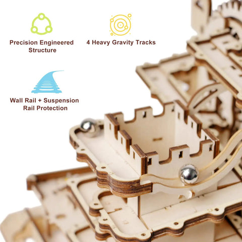 Marble Run 3D Wooden Puzzle Kit For Adults Hands On Brain Teaser And DIY Model Build Fortress Edition Educational STEM Craft For Grownups Portable Display Ready Complex Mechanisms Educational Toy For Adults, wooden track close-up
