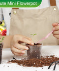 Person planting seedling in clear mini flowerpot with soil, wearing apron; focus on Clear 2.5 Inch Nursery Pots Set Of 50 With Drainage Holes Durable Plastic Seed Starter Pots For Seedlings Veggies And Flowers Translucent Plant Pots For Easy Root Observation Great Gardening Gift.
