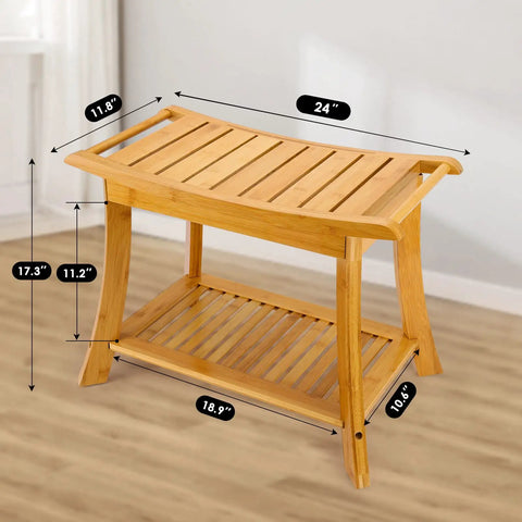 Beige Bamboo Shower Bench With Storage Shelf 2 Tier Spa Stool For Inside Shower Sturdy Bath Bench For Adults And Elderly