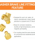Brass pipe fitting tee Y adapter three way with one male branch and two female NPT ports shown with features and benefits listed