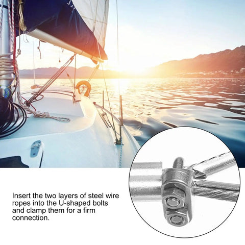 Sailboat deck with Heavy Duty 15 Pack 304 Stainless Steel Wire Rope Clips 1 Sixteenth Inch U Bolt Cable Clamp Fasteners used.