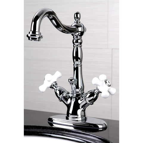 Heritage Two-Handle Bathroom Faucet With Brass Pop-Up Drain And Cover Plate, Polished Chrome Finish, shown on a deck mount sink