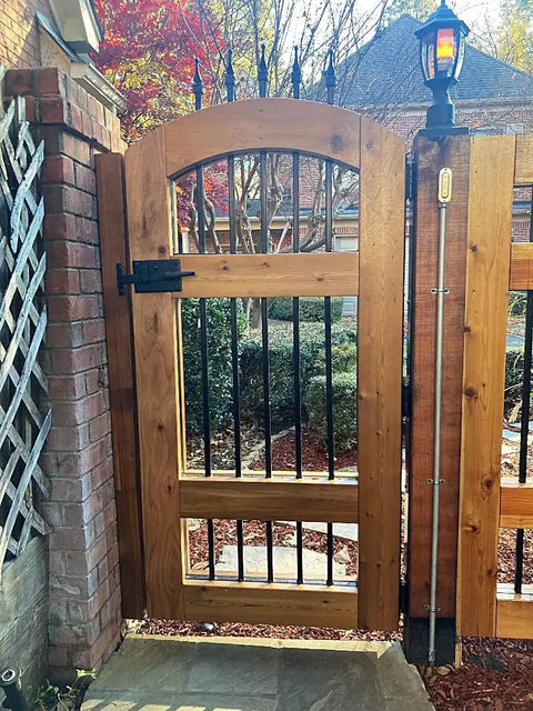 Heavy Duty Gate Latch With Lever For Gates And Doors, Black Left Hand, Rustic Black Powder Coat, installed on a wooden gate.