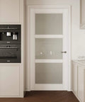 Slab Doors 28 By 80 Inch 3 Lite Tempered Frosted Glass Interior Door MDF French Style With PVC Surface Water Resistant White