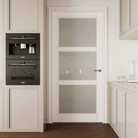 Slab Doors 28 By 80 Inch 3 Lite Tempered Frosted Glass Interior Door MDF French Style With PVC Surface Water Resistant White