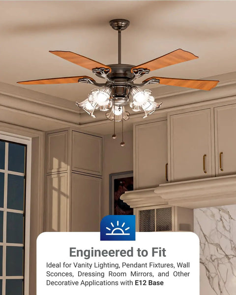 Ceiling fan with lights showcasing E12 base compatibility for vanity lighting and decorative fixtures.