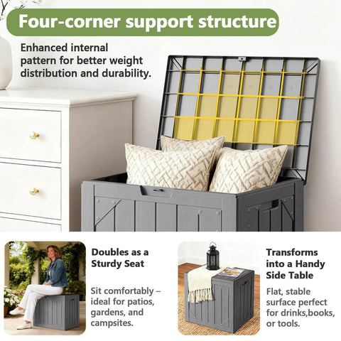 Massive 260 Gallon Outdoor Storage Box Bench Waterproof Resin Deck Box Lockable Patio Storage For Cushions Tools And Garden Gear Perfect For Poolside And Patio UV Resistant Weatherproof Gray with four-corner support structure.