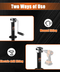 5000lb A-frame trailer jack, black steel with base plate; manual lift and cordless-drill lift options shown.