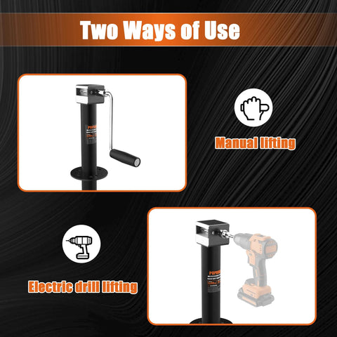 5000lb A-frame trailer jack, black steel with base plate; manual lift and cordless-drill lift options shown.