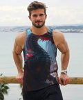 Mens Quick Dry Sleeveless Tank Top Featuring A Sick Urban Mechanical Dragon Print Lightweight Gym Vest worn by a man outdoors.