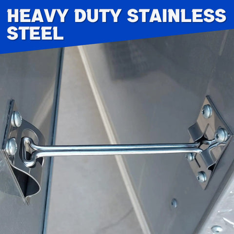 Heavy Duty 304 Stainless Steel RV Door Latch And Holder For Trailers Campers Trucks And Shop Doors mounted securely on a door.