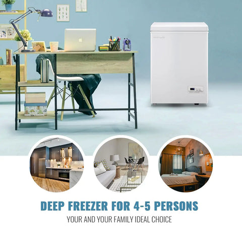 No Sweat Compact Chest Freezer With Dual Removable Baskets And Precision Digital Display To Keep Your Grocery Stash Rock Solid Cold In White Finish Quick Freeze Unit beside a modern desk and workspace.