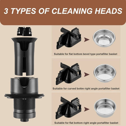 3 types of cleaning heads for Heavy Duty Automatic Electric Knock Box For Espresso with removable filter basket options.