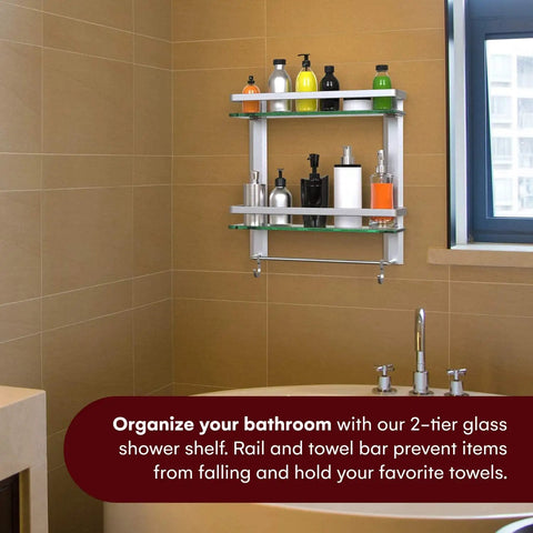 2 Tier Glass Wall Shelf With Integrated Towel Bar In Brushed Silver Finish, Wall Mounted Shower Storage That Fits Large Shampoo Bottles, Fifteen Point Two By Five Inches, Slick Modern Bathroom Organizer