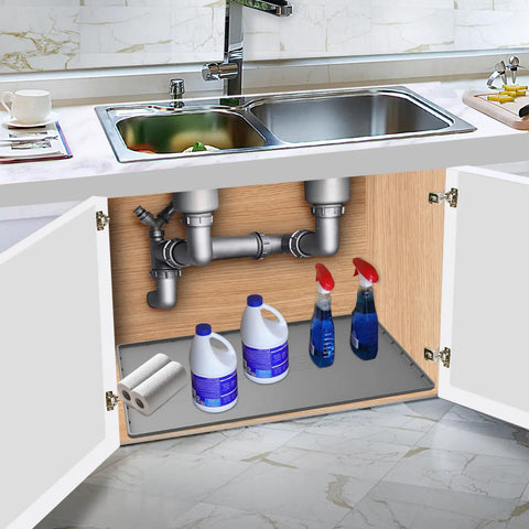 Under Sink Mat For Kitchen Waterproof 34 x 22 Inch Silicone Cabinet Liner With Lip in gray protecting cabinet interior