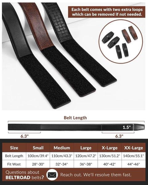 Buckleless Leather Belt For Men With Hook And Loop Closure 1.5 Inch Scratch Proof Mechanic Belt size and length guide