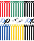 Six Inch Reusable Fabric Cable Ties With Hook And Loop 100 Pack Multi Color Cable Organizer Straps arranged in rows
