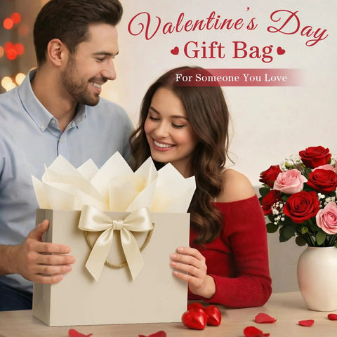 Couple holding beige gift bag with ribbon for Valentine's, surrounded by flowers and hearts