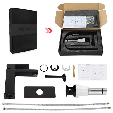 Brass Single-Handle Bathroom Sink Faucet With Escutcheon, Pop Up Drain, And Water Supply Hoses, Matte Black Finish, boxed components