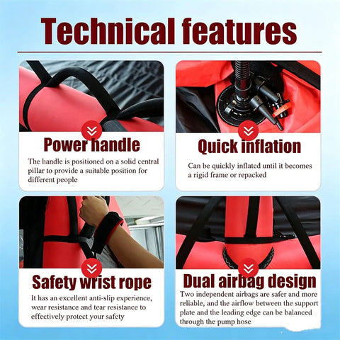 Technical features of Lightweight Inflatable Wing Foil Board With Window showcasing handle, inflation, wrist rope, airbag design
