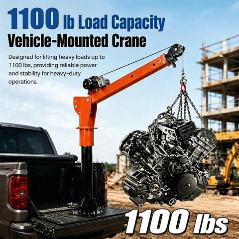 Heavy Hitter 1100 Lbs Truck Mounted Crane With 2000 Lbs Electric Winch lifting engine in truck bed, rust resistant alloy steel, 1100 lbs capacity.