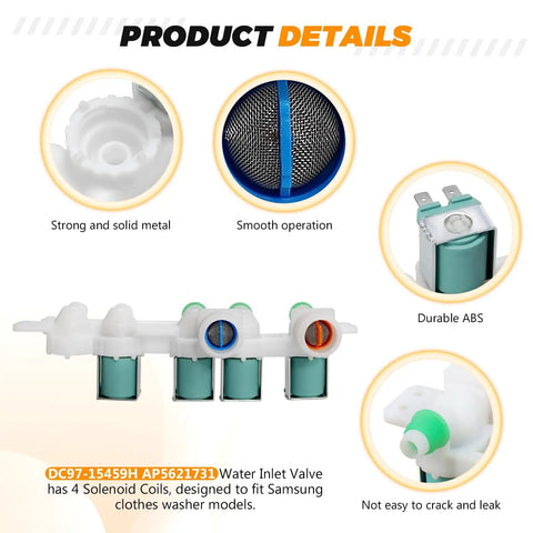 Water Inlet Valve DC97-15459H Go-To Replacement For Samsung Washers Four Solenoid Coils AP5621731 product details