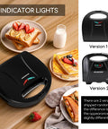 Aigostar Flat Sandwich Maker With Nonstick Deep Grill Surface, Black. Quick And Easy Breakfast Press for toasting on wooden table.