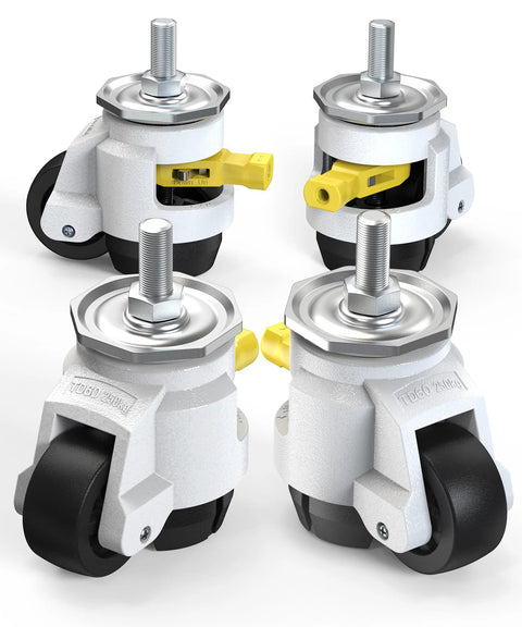 Leveling Stem Casters Set Of 4 Heavy Duty Retractable Caster Wheels With Half Inch And M12 Threaded Stem Options Total Capacity 2200 Lbs Adjustable Height Ratchet Handle For Workbenches Machines And Equipment, showing side view with yellow ratchet handles
