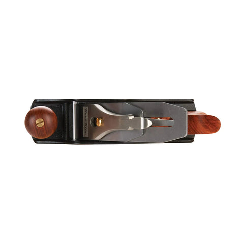Pro Grade Number Four Bench Plane Built Like A Tank For Intense Shop Sessions Smooths Rough Boards Effortlessly, top view showcasing heavy iron body and Bubinga handle.