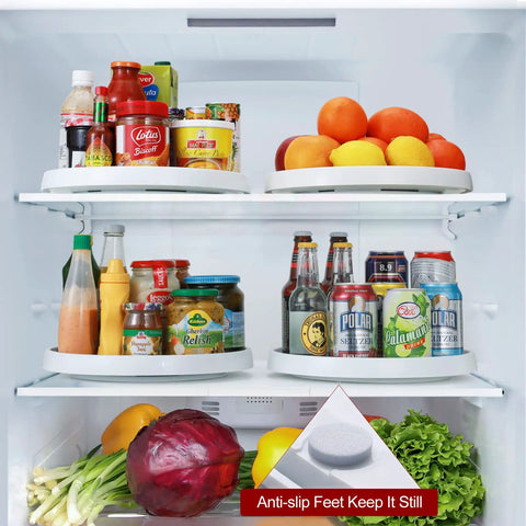 Four Pack 10 Inch Non Skid Lazy Susan Turntable Organizers with food storage in fridge showcasing easy grab and go organization.