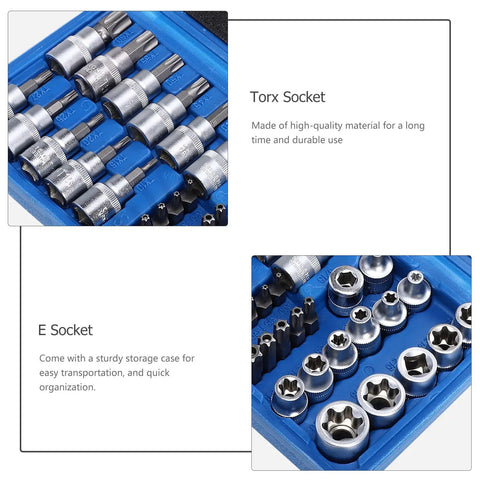 34 Piece External Steel Socket Set With Storage Case For Automotive Tools Mechanic Grade Hand Tool Kit showing Torx and E sockets