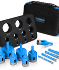 Straight Shooter 11 Piece Diamond Hole Saw Kit With Serrated Brazed Drill Bits Eva Guide Jig And Rugged Carry Case with blue bits