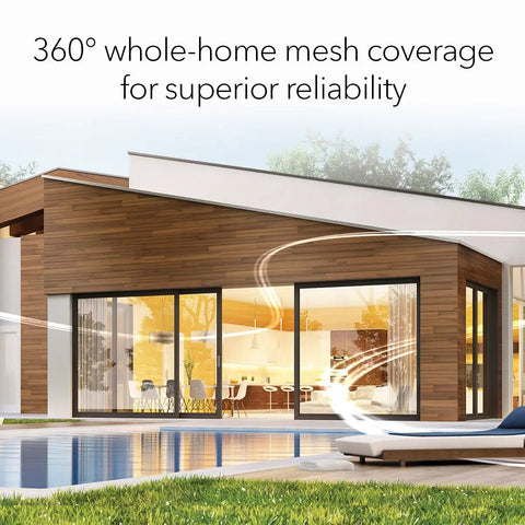Modern home exterior showcasing Orbi 770 Series Tri Band WiFi 7 Mesh Network System With Router And Two Satellite Extenders coverage.