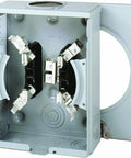 Outdoor Heavy Duty Meter Socket 100A 600V For Four Jaw Ringless Overhead Install, showing open G90 steel enclosure.