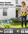 Person using Cordless Leaf Blower With Two 4.0Ah Batteries And Charger, Up To 150 MPH Air, Lightweight 17,000 RPM Turbo Power