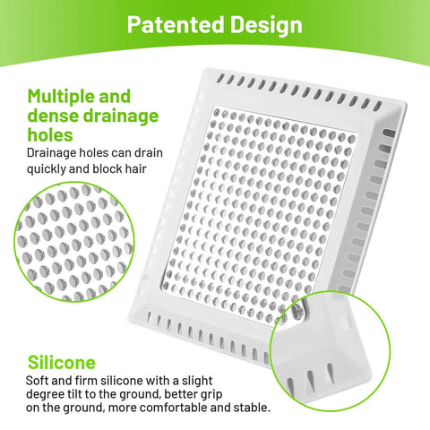 Patented stainless steel shower drain hair catcher with soft silicone edge showing multiple drainage holes and non-slip design.