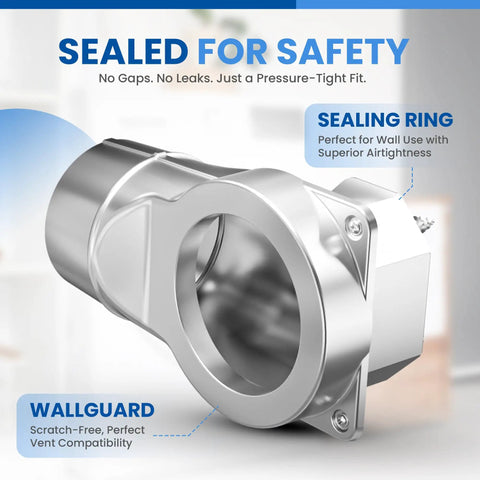 Close-up of Magnetic Dryer Vent Kit with sealing ring and wallguard, showing the secure connection.