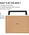 Twenty Five Pack Five Inch Dope Matte Black Cabinet Pulls for Bedroom and Bathroom Cabinet Doors and Dressers Zinc Alloy Hardware with screws displayed with a box.
