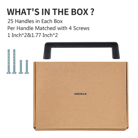 Twenty Five Pack Five Inch Dope Matte Black Cabinet Pulls for Bedroom and Bathroom Cabinet Doors and Dressers Zinc Alloy Hardware with screws displayed with a box.