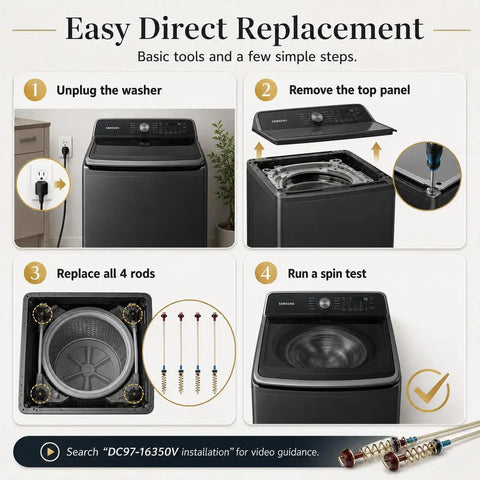Washer Suspension Rod Kit 27.6 Inch Replacement For Samsung Top Load Washers, 4 Pack OEM-Size DC97-16350V, Stops The Wobble And DC Error, Restores Tub Balance, Compatible With WA54R7200AW US WA54R7600AW US WA54R7600AC US installation steps on Samsung top-load washer