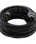 Tough As Nails Heavy Duty 100 Ft Extension Cable 8 Awg Nema L5 30 Plug 40 Amp Power Cord SOOW rubber jacket detail with connectors.