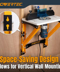 Heavy Duty Folding Router Table Stand With Adjustable Height Workstation Base For Trim Routers Wall Mount Ready, showing wall-mounted design.