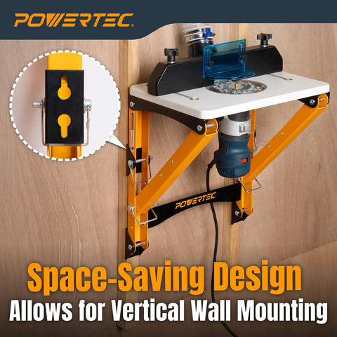 Heavy Duty Folding Router Table Stand With Adjustable Height Workstation Base For Trim Routers Wall Mount Ready, showing wall-mounted design.