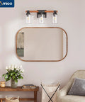 Bathroom with Three Light Farmhouse Vanity Light With Rustic Wood Finish And Bubble Glass Shades Industrial Vintage Black Wall Sconces.