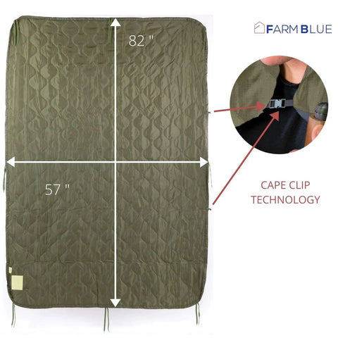 Image of Olive Drab Green Army Style Camping Blanket With Poncho Liner, 82 by 57 inches, featuring cape clip technology.