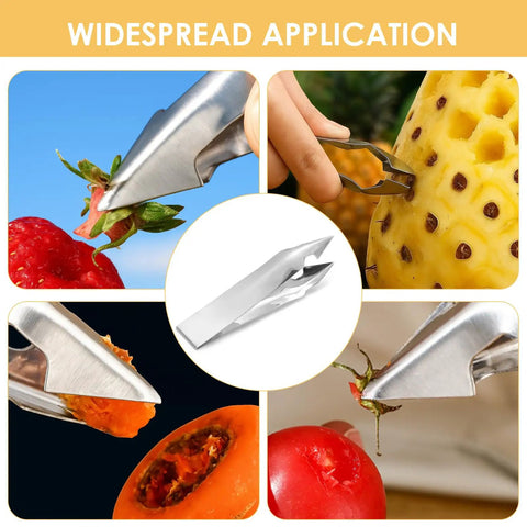 Pineapple Eye Remover Tool Set With Two V Shaped Cutters And Two Removal Clips in use on fruit, stainless steel multifunction tool