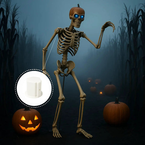 Upgraded 12 Foot Skeleton Shoulder Insert With Hex Nut Design showcased in a Halloween scene with giant props.