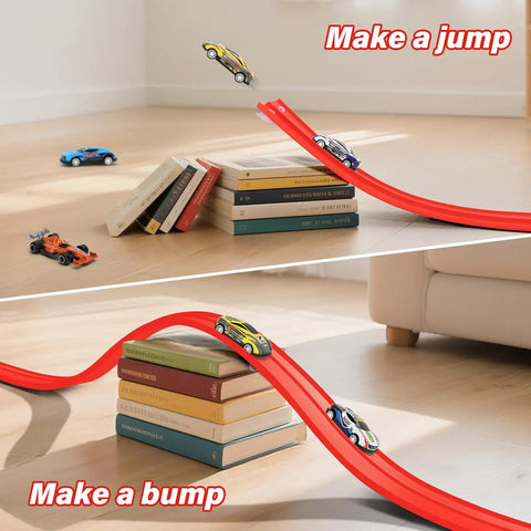 Flexible Roll Up Two Lane Race Track For Kid Friendly Play With Suction Cups Includes Four Mini Diecast Cars 1 64th Scale
