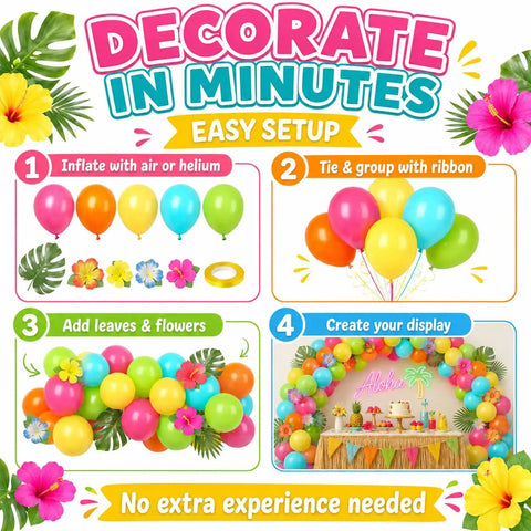 Colorful Tropical Balloons Pack 12 Inch Set With Jungle Leaves And Floral Accents for easy party setup instructions