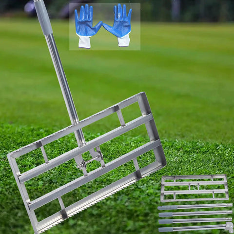 Pro Grade 2 In 1 Lawn Leveling Rake with Double Sided Design and Serrated Edge, 70 inch adjustable stainless steel with gloves